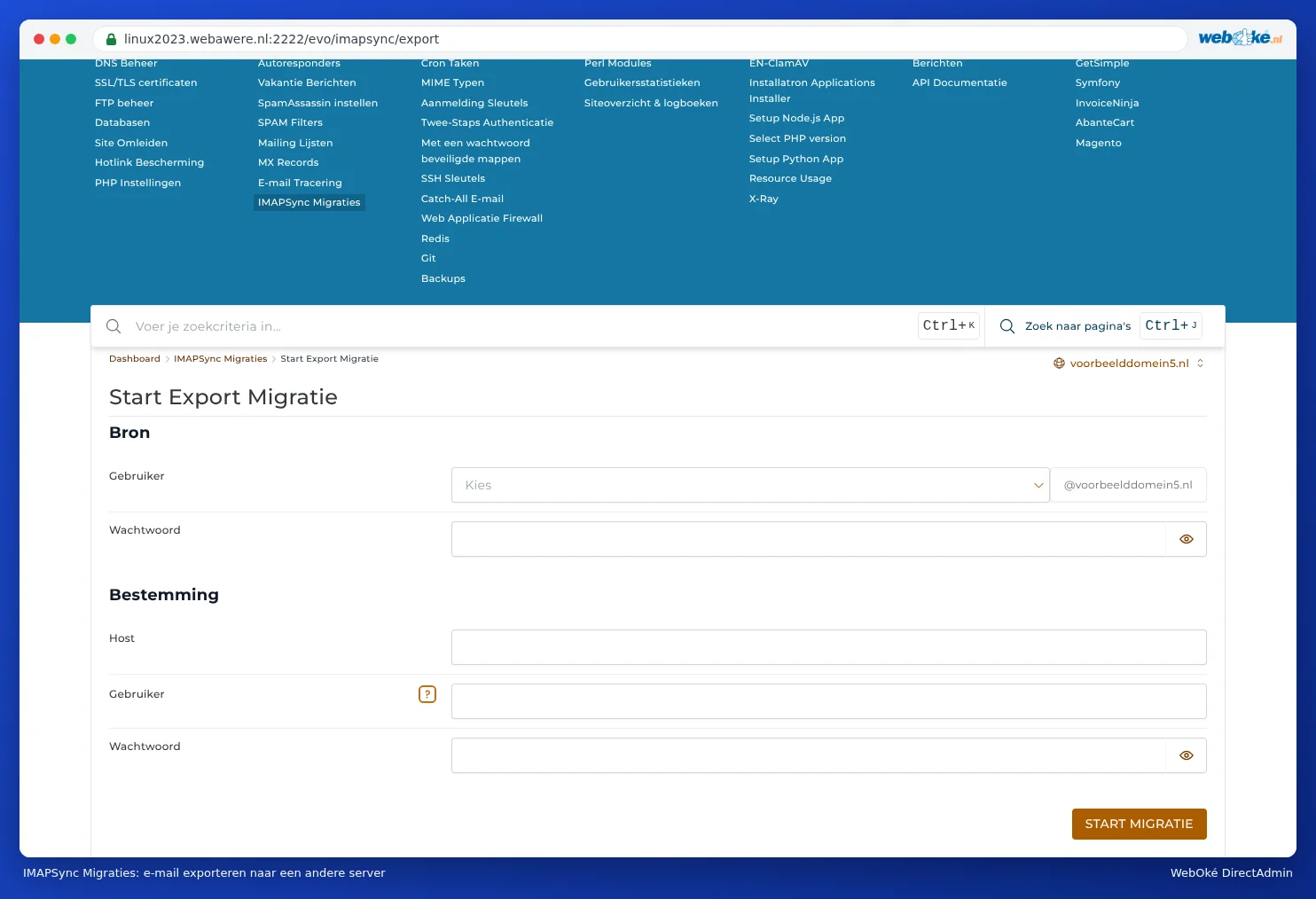 The form for exporting mail with IMAPSync Migrations