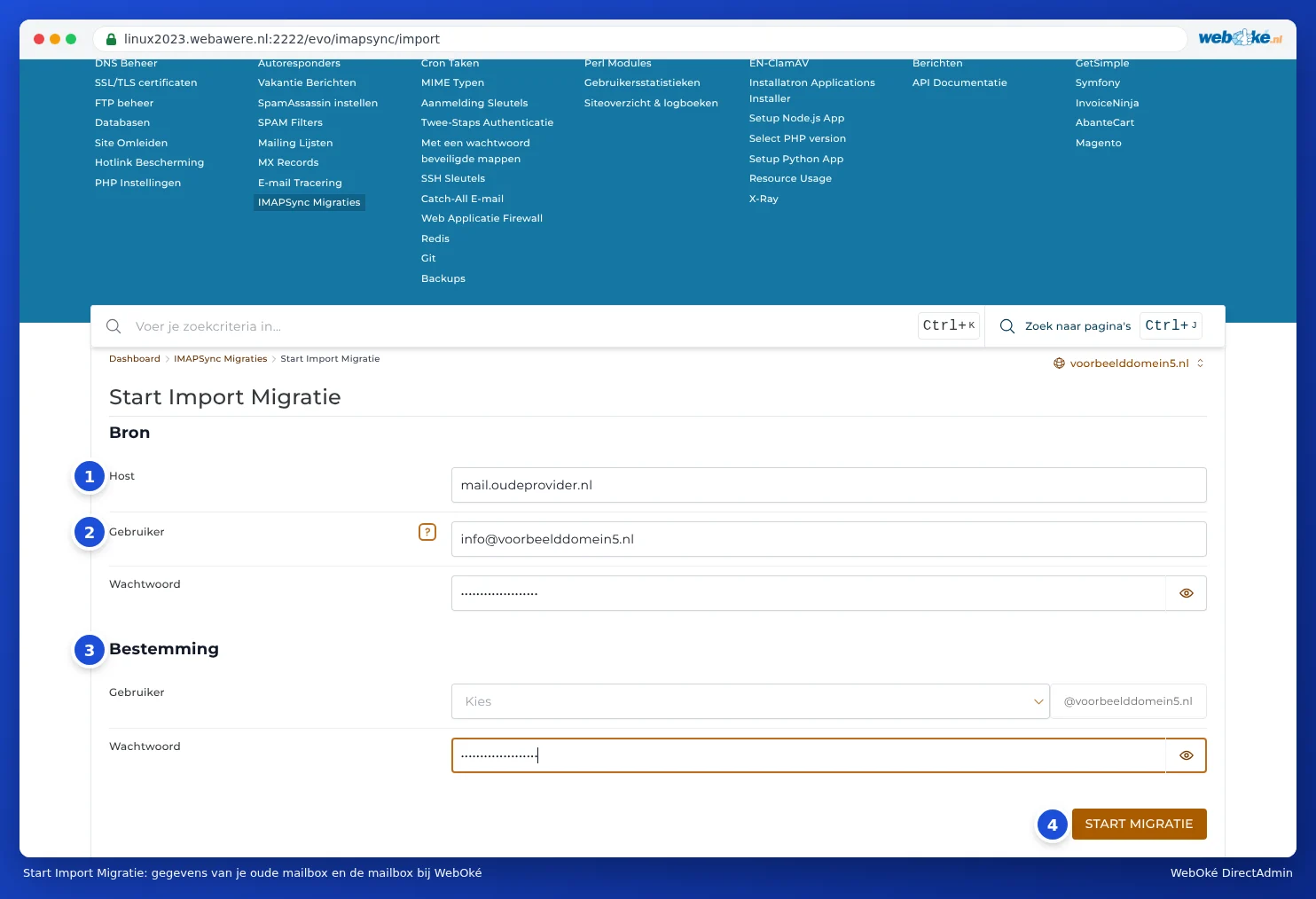 The Start Import Migration form with the Host, User and Password fields under Source and the mailbox and password under Destination