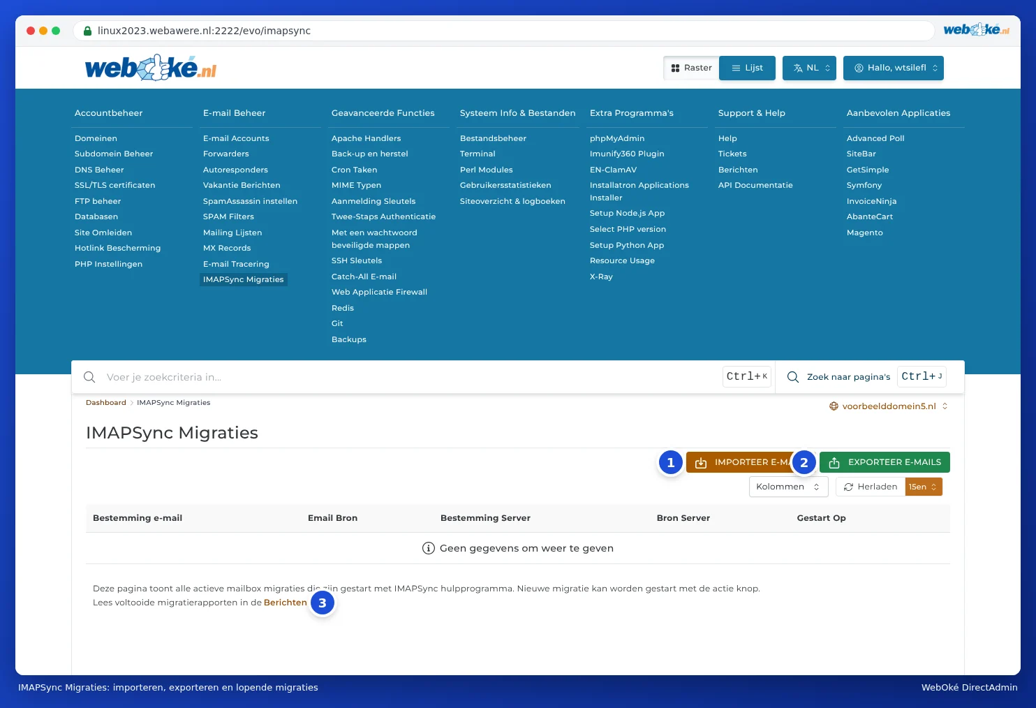 The IMAPSync Migrations page with the Import e-mails and Export e-mails buttons and an empty list of migrations