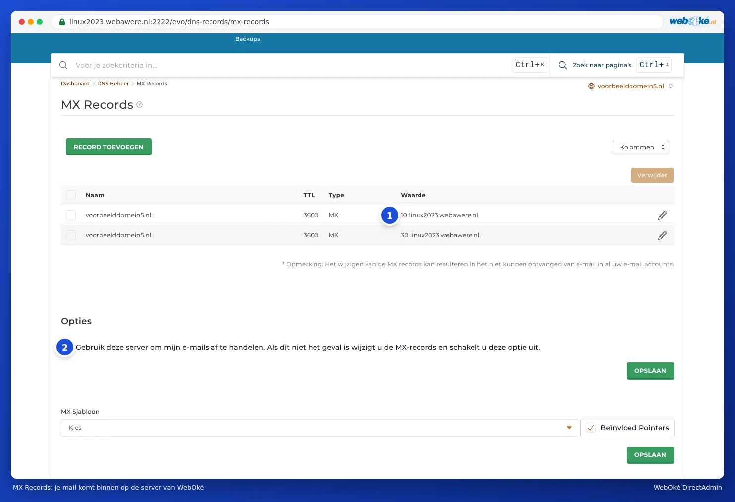 La page MX Records dans DirectAdmin avec deux enregistrements MX vers le serveur de WebOké et l'option Utiliser ce serveur pour gérer mes e-mails