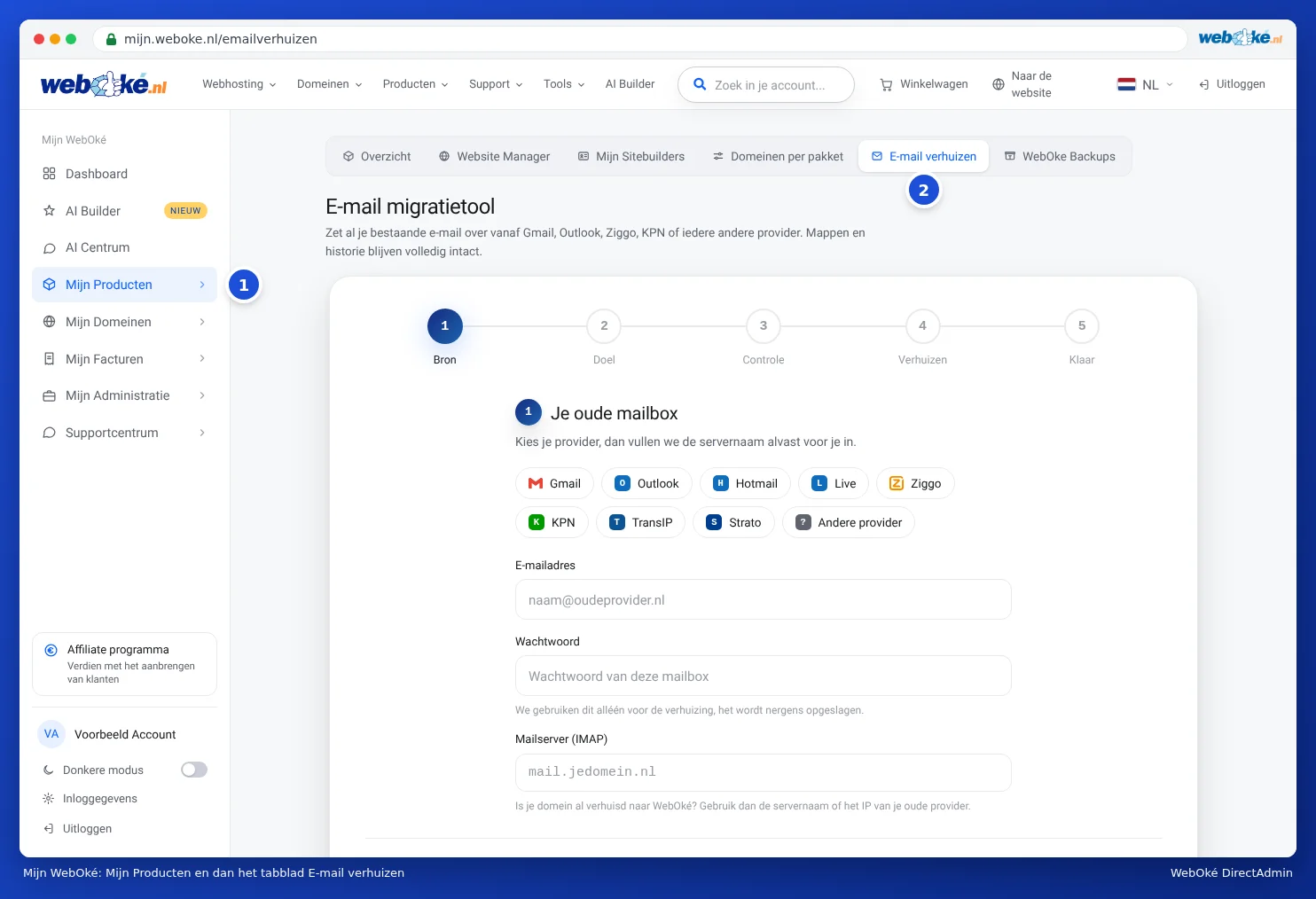 My WebOké with My Products on the left and the tabs at the top, including Email migration