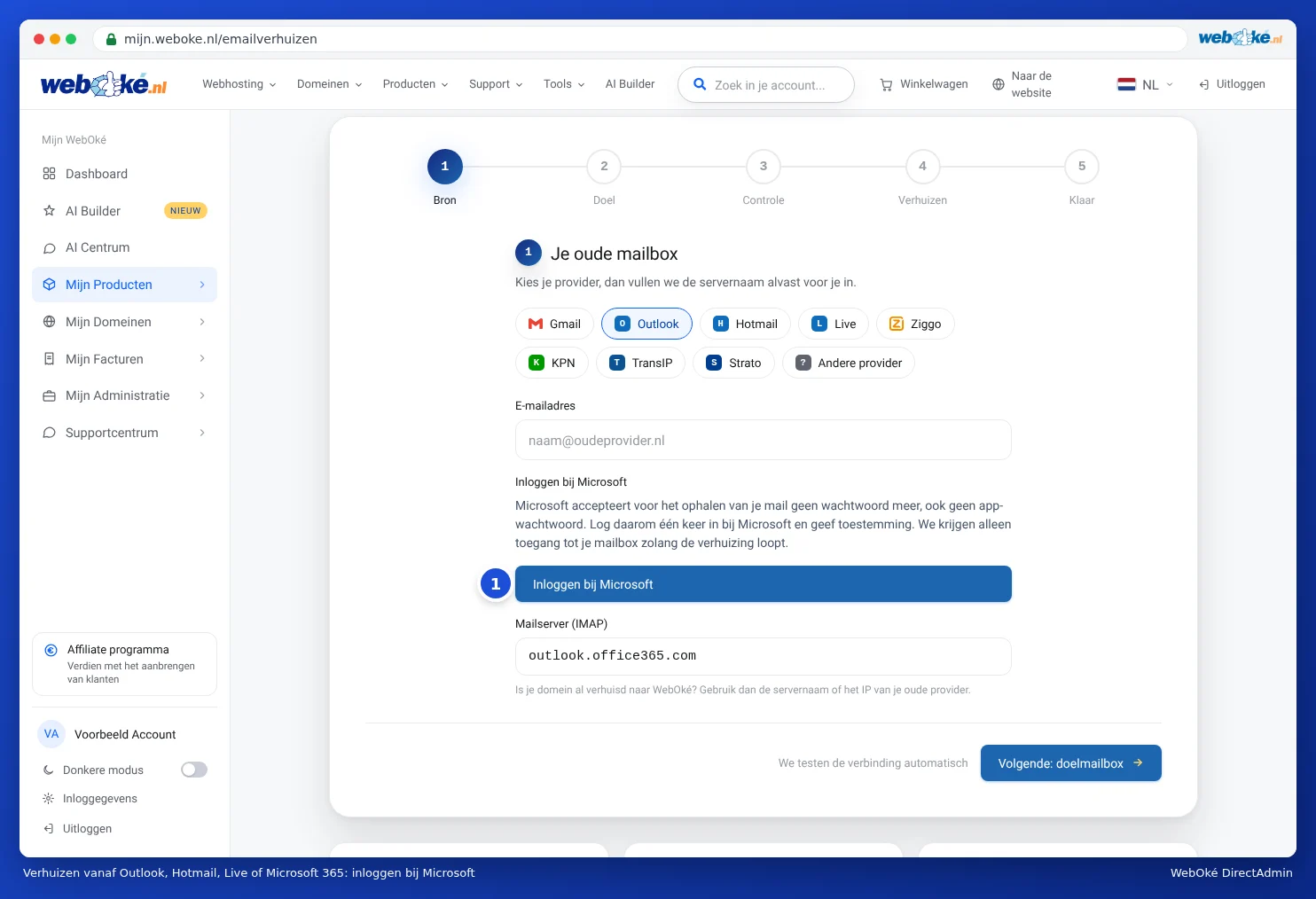 Email migration with Outlook chosen as the old provider and the Sign in with Microsoft block