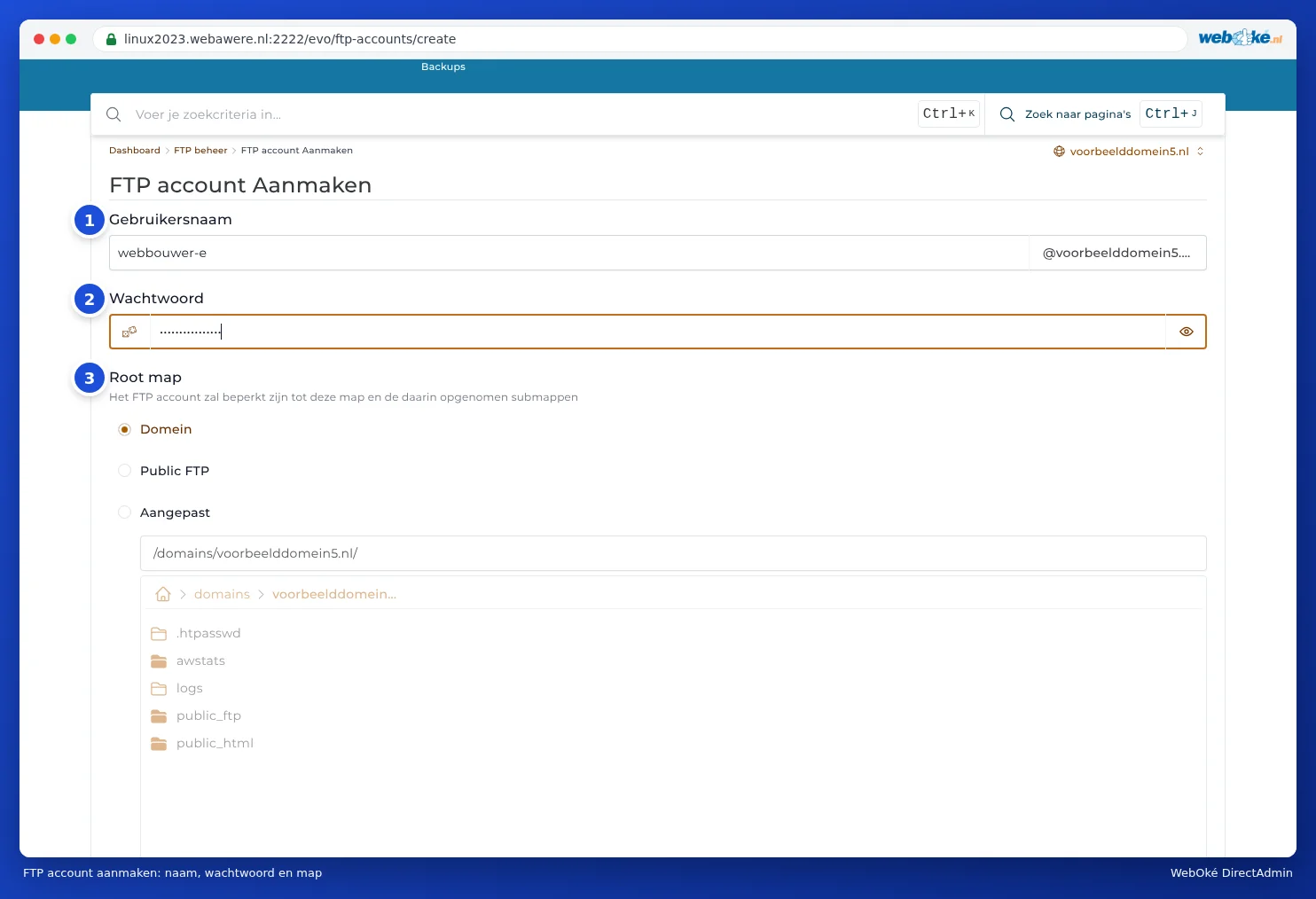 The Create FTP Account form with the user name, password and choice of root directory
