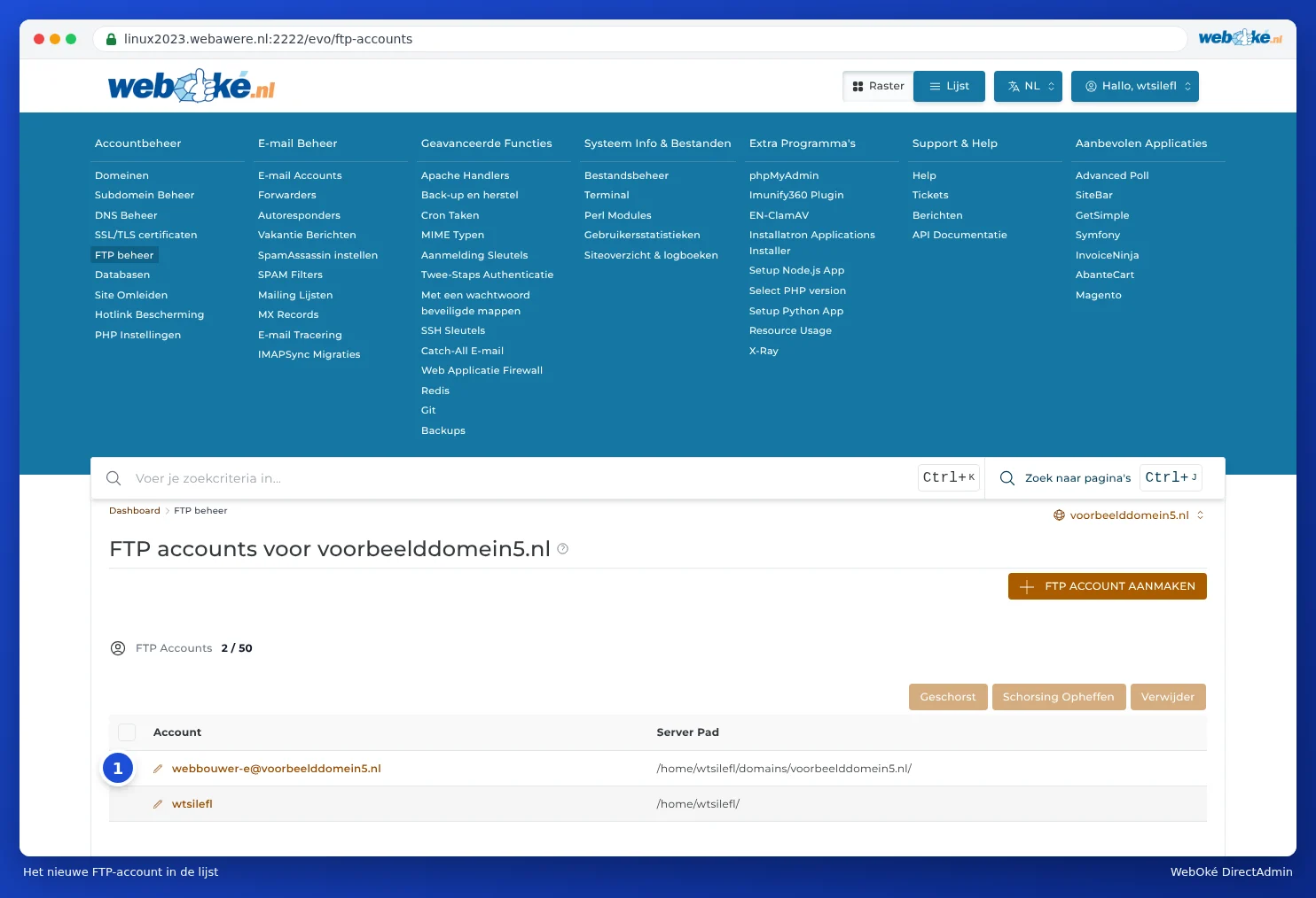 FTP Management with the new account webbuilder-e@exampledomain5.com and its directory in the list