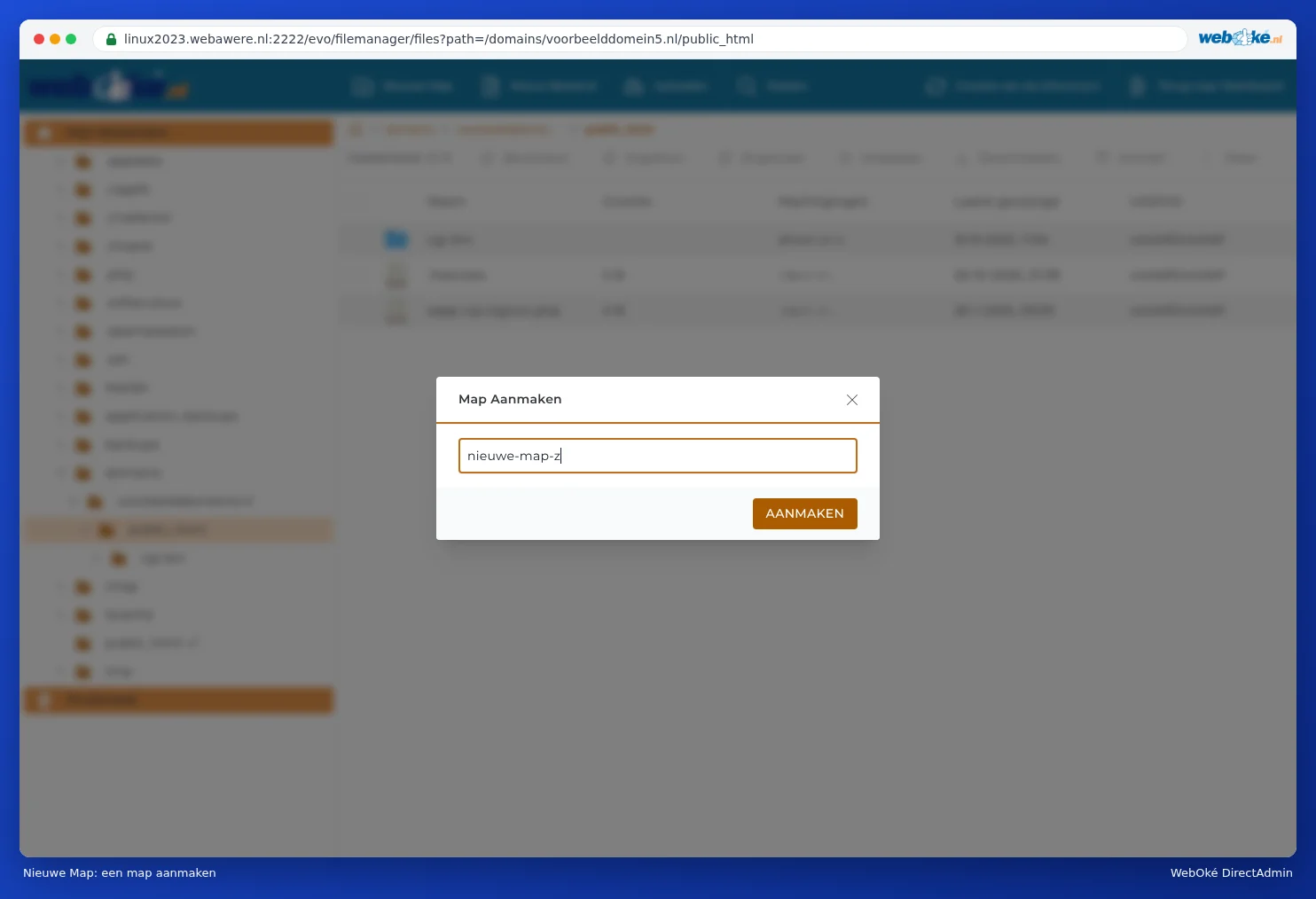 The Create Folder window in File Manager with the name nieuwe-map-z and the Create button