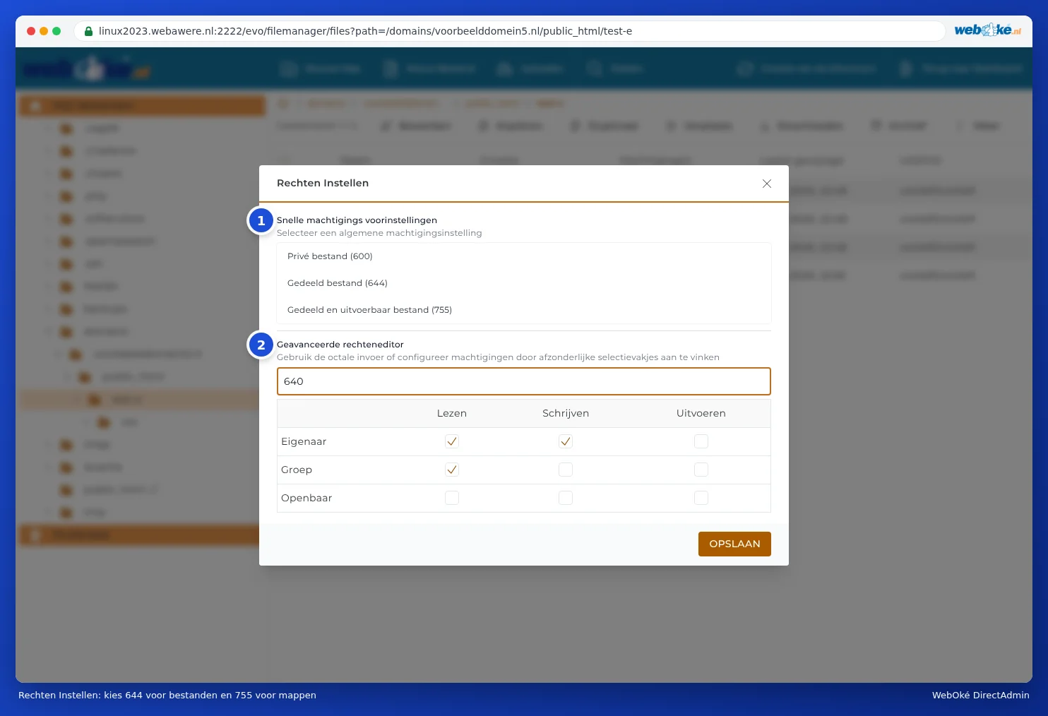 The Set Permissions window with the quick presets 600, 644 and 755 and the advanced permission editor with checkboxes for owner, group and public