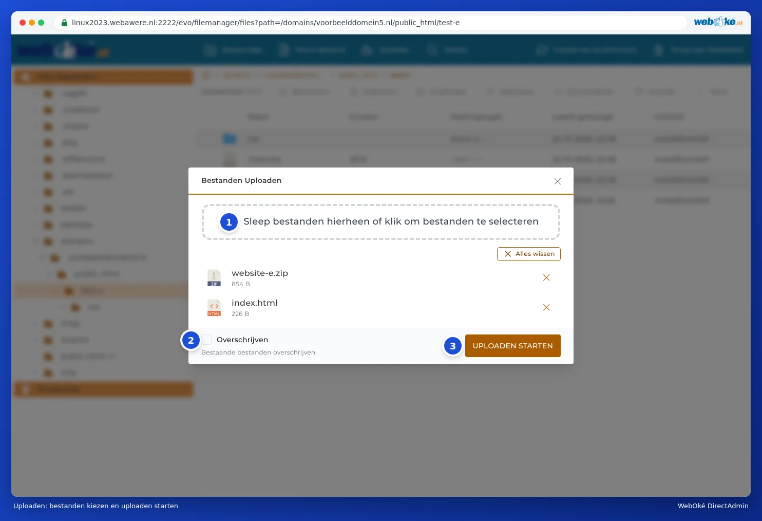 The Upload Files window in File Manager with two chosen files, the Overwrite option and the Start Upload button
