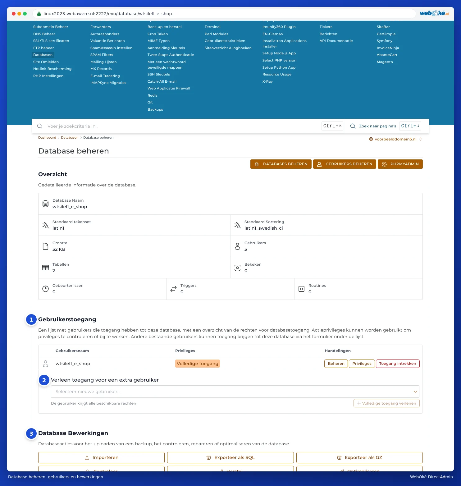 The Manage Database page with the overview, the User Access list and the Database Operations buttons