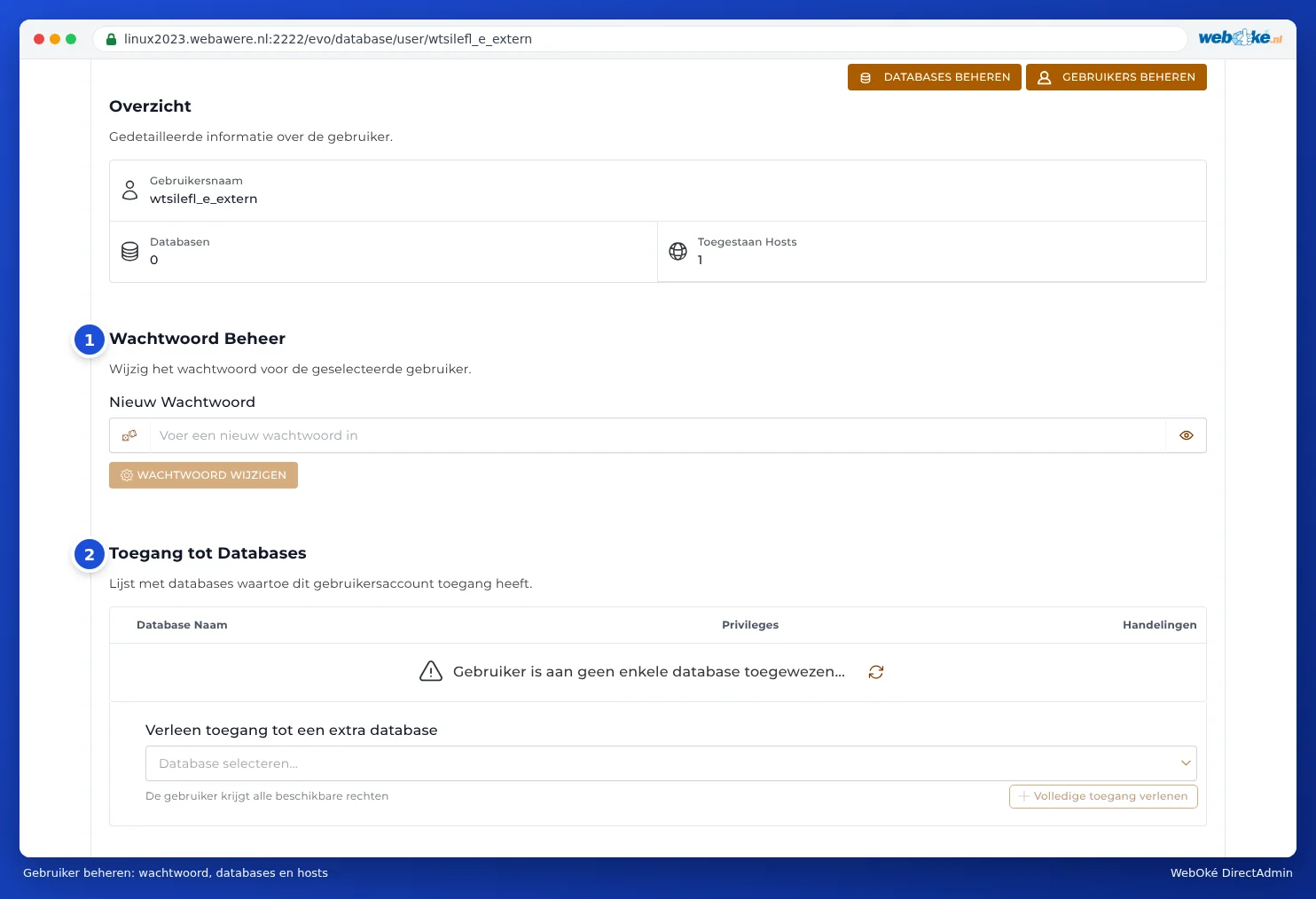 The Manage User page with the overview, the Password Management block and the Access to Databases block