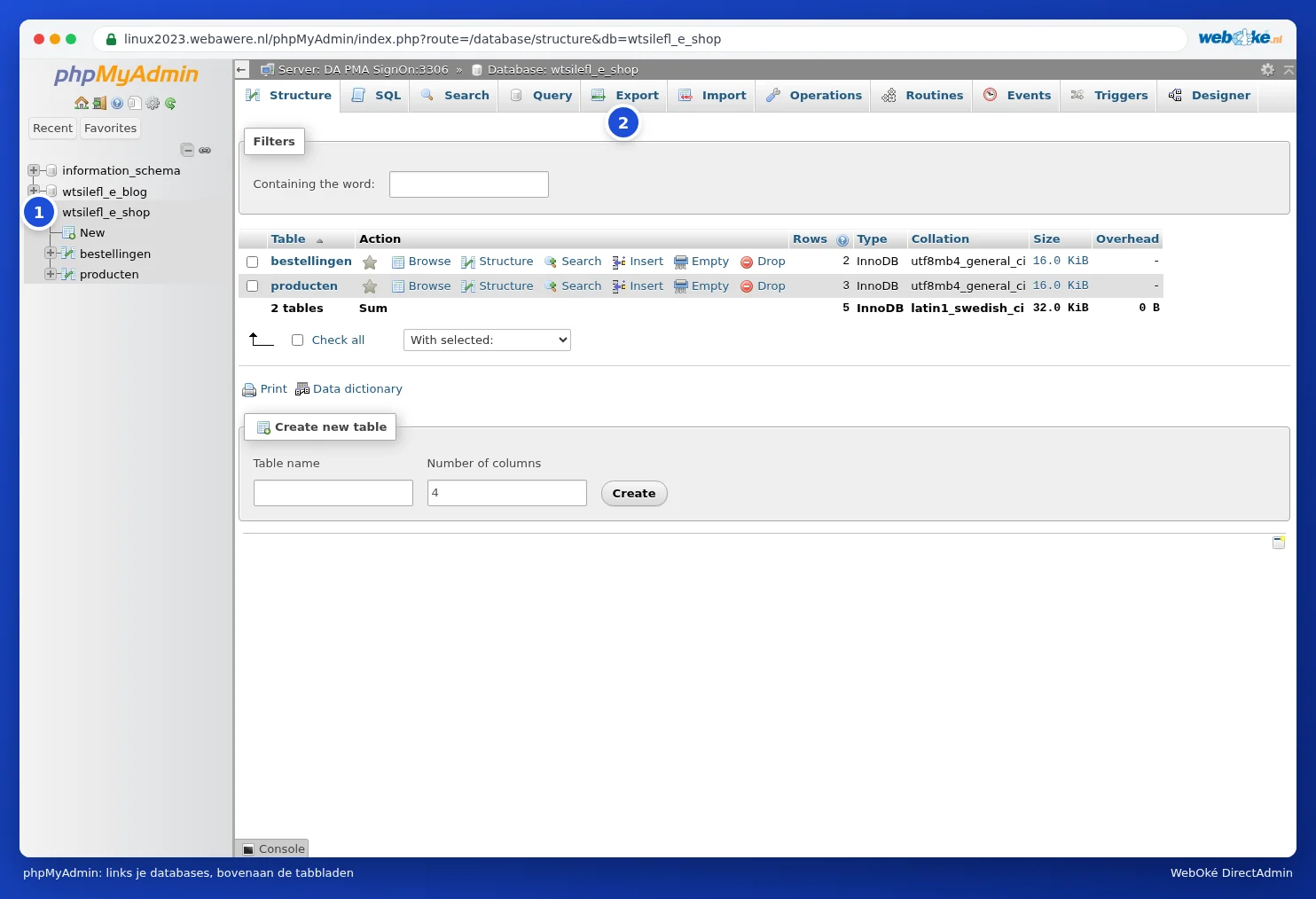 phpMyAdmin dans un nouvel onglet avec à gauche les bases de données du pack et à droite les paramètres généraux