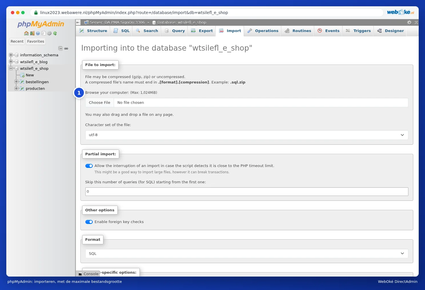 The Import tab in phpMyAdmin with the button to choose a file and the maximum file size