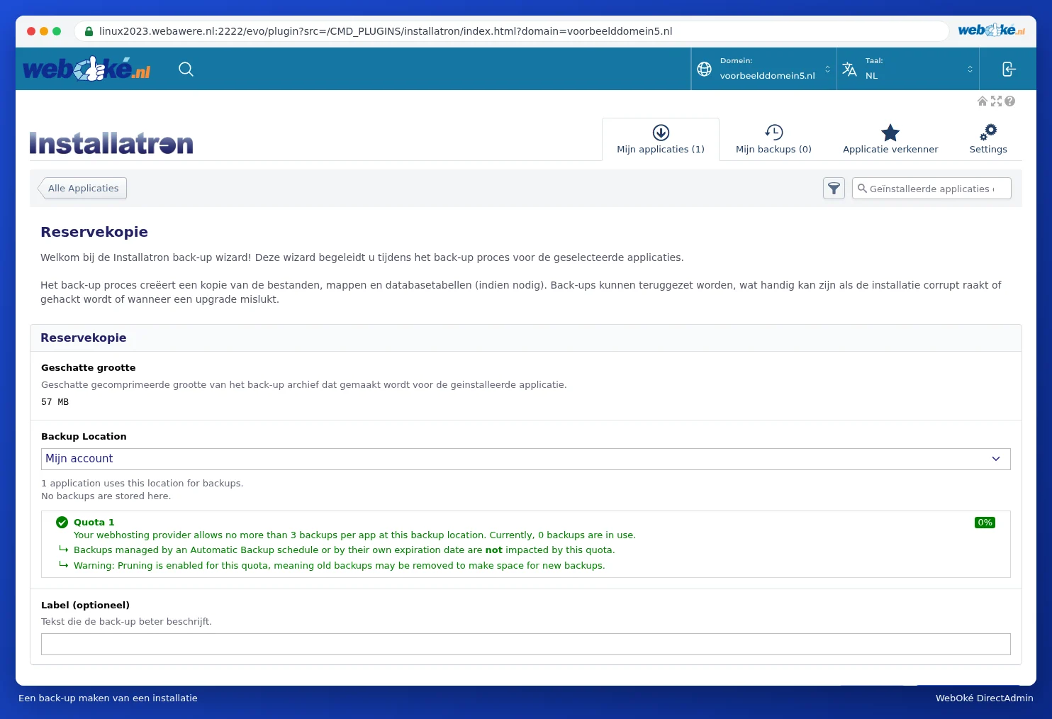 The Backup wizard in Installatron showing the estimated size, the My Account backup location and the Label field