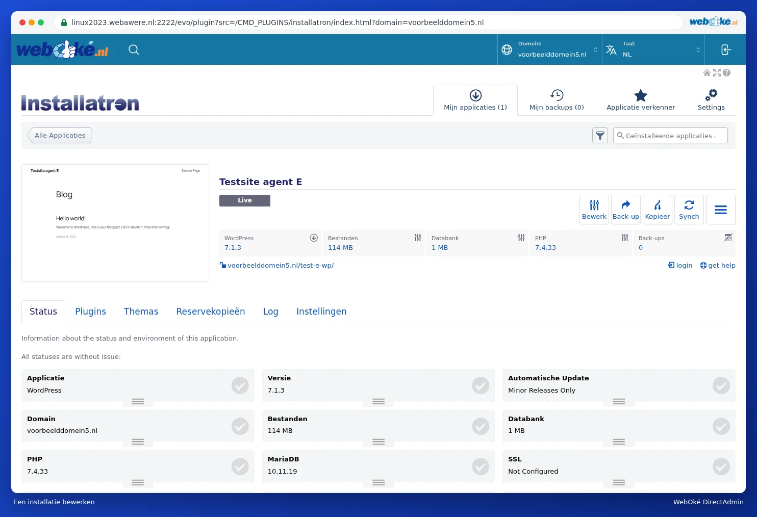 The Status tab of a WordPress installation in Installatron, with the version, automatic updates, SSL, plugins and backups