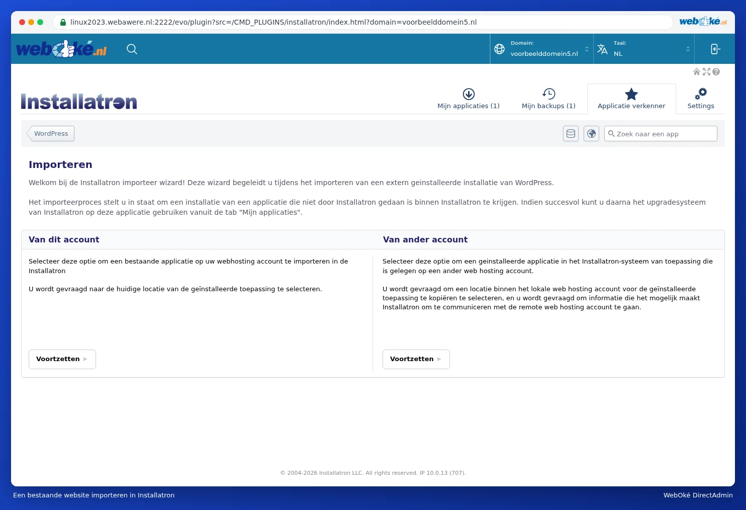 De importeer wizard van Installatron met de keuzes Van dit account en Van ander account