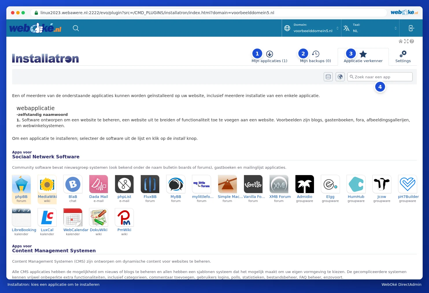 Installatron dans DirectAdmin avec les onglets Mes applications, Mes sauvegardes, Explorateur d'applications et Paramètres, et le champ de recherche