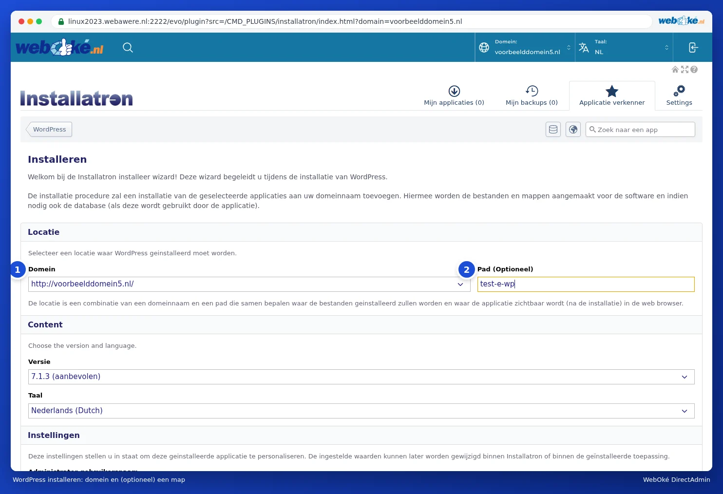The WordPress installation form with the domain, path, version and language