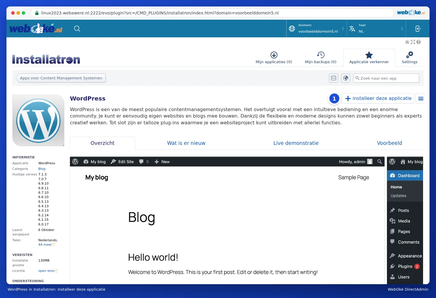 The WordPress page in Installatron with the install this application button