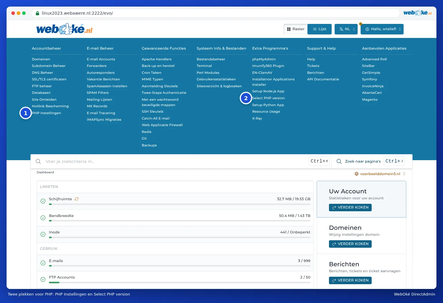 The DirectAdmin menu with PHP Settings under Account Manager and Select PHP version under Extra Features