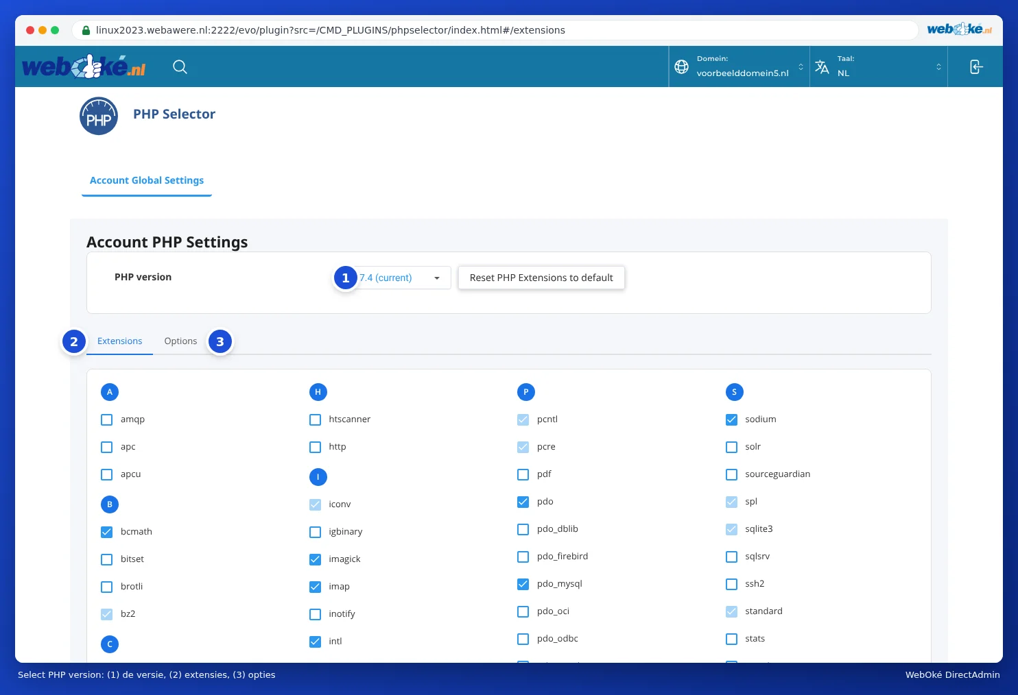 The PHP Selector screen with PHP version 7.4 (current), the Reset PHP Extensions to default button and the Extensions and Options tabs