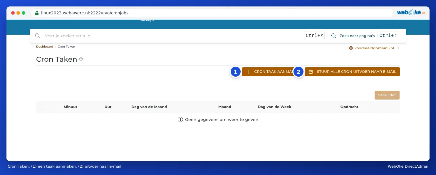 Het onderdeel Cron Taken met de knoppen Cron Taak Aanmaken en Stuur alle cron uitvoer naar e-mail en een lege lijst