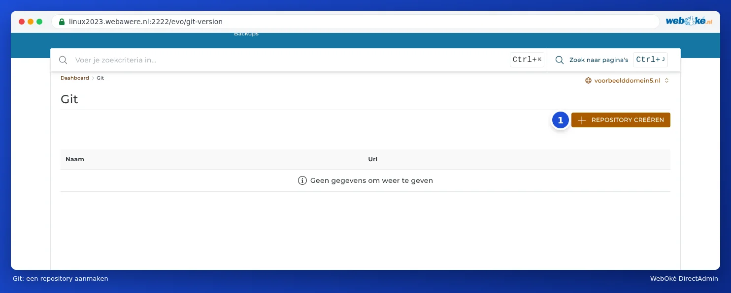 Het onderdeel Git met de knop Repository Creëren en een lege lijst