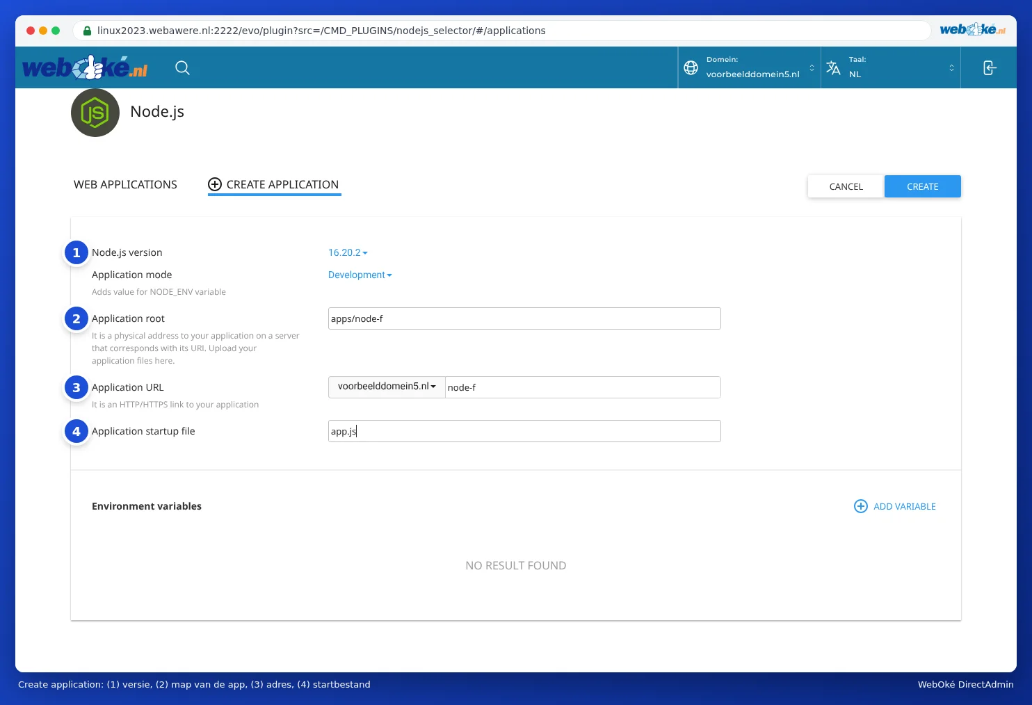 Het formulier om een Node.js-app aan te maken met de velden Node.js version, Application mode, Application root, Application URL en Application startup file