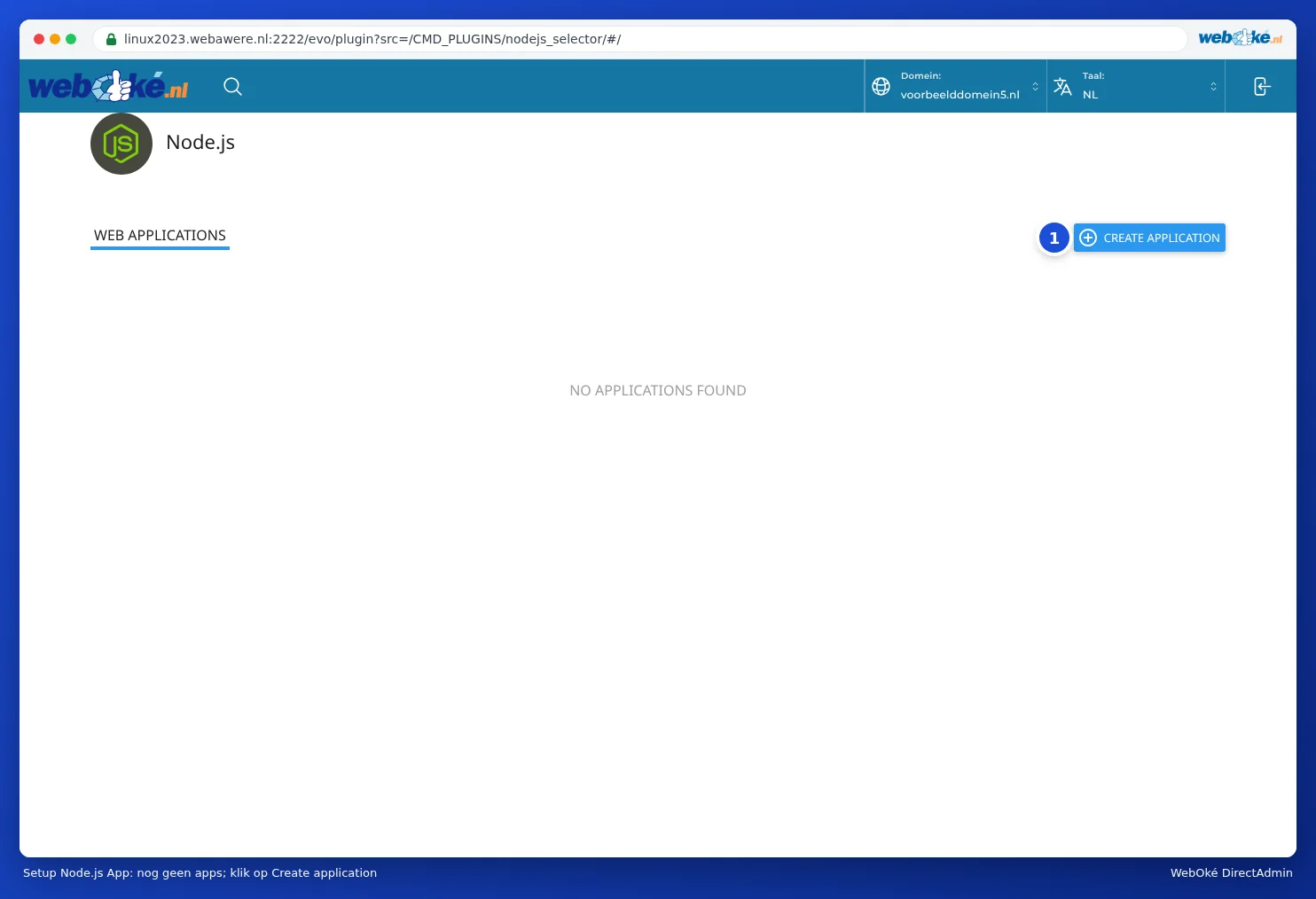 Het onderdeel Setup Node.js App met de knop Create Application en de melding No applications found
