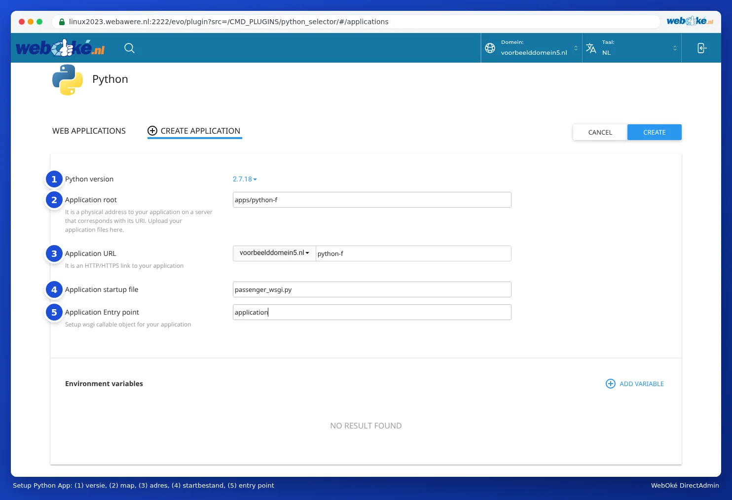 The form for creating a Python app with the fields Python version, Application root, Application URL, Application startup file and Application Entry point