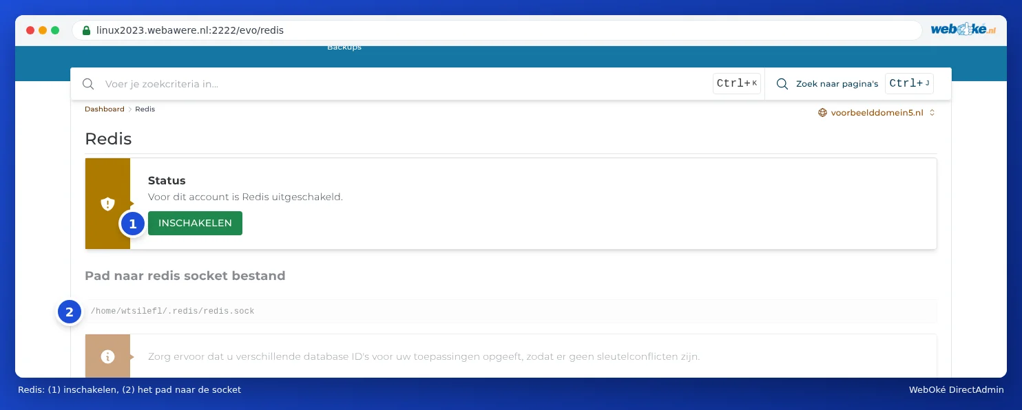 The Redis section with the status disabled, the Enable button and the path to the redis socket file