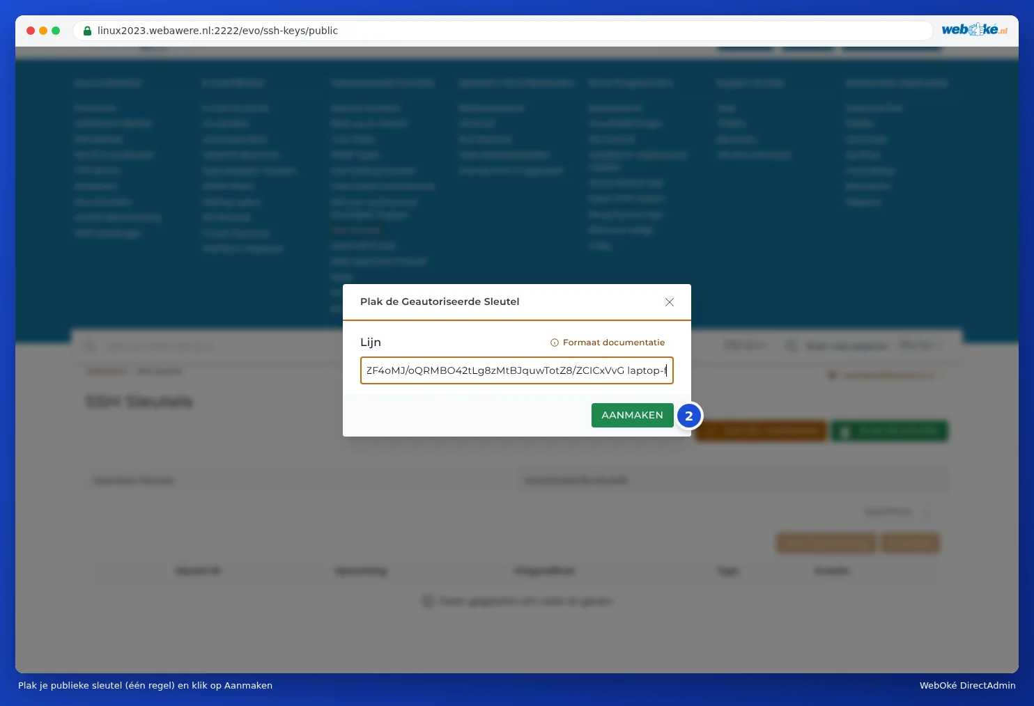 The Paste Authorized Key window with a public key in the Line field and the Create button