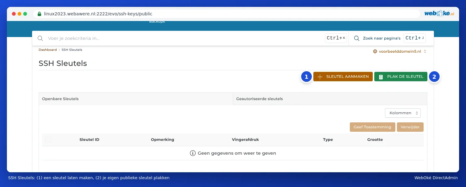 The SSH Keys section with the Create Key and Paste Key buttons and the Public Keys and Authorized Keys tabs