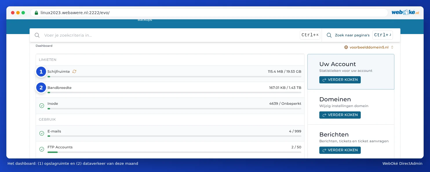 Das Dashboard von DirectAdmin mit den Limits Speicherplatz, Bandbreite und Inode und darunter die Nutzung von E-Mails, FTP-Konten und Datenbanken