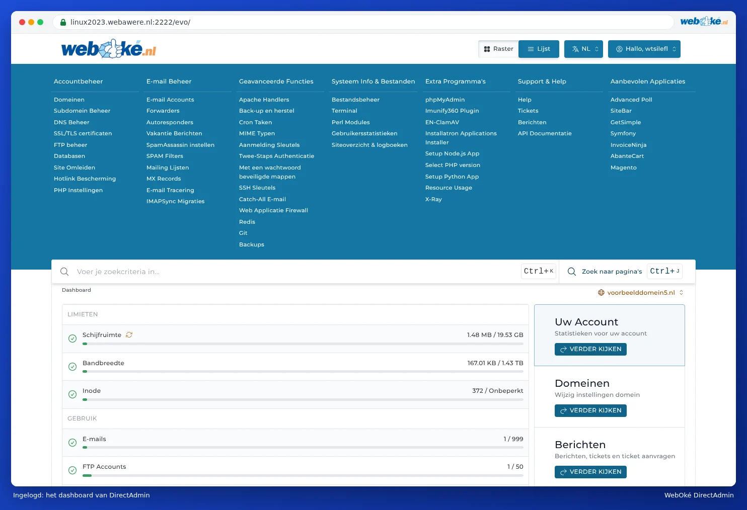 Das Dashboard von DirectAdmin mit dem WebOké-Logo, dem Menü und den Limits des Pakets