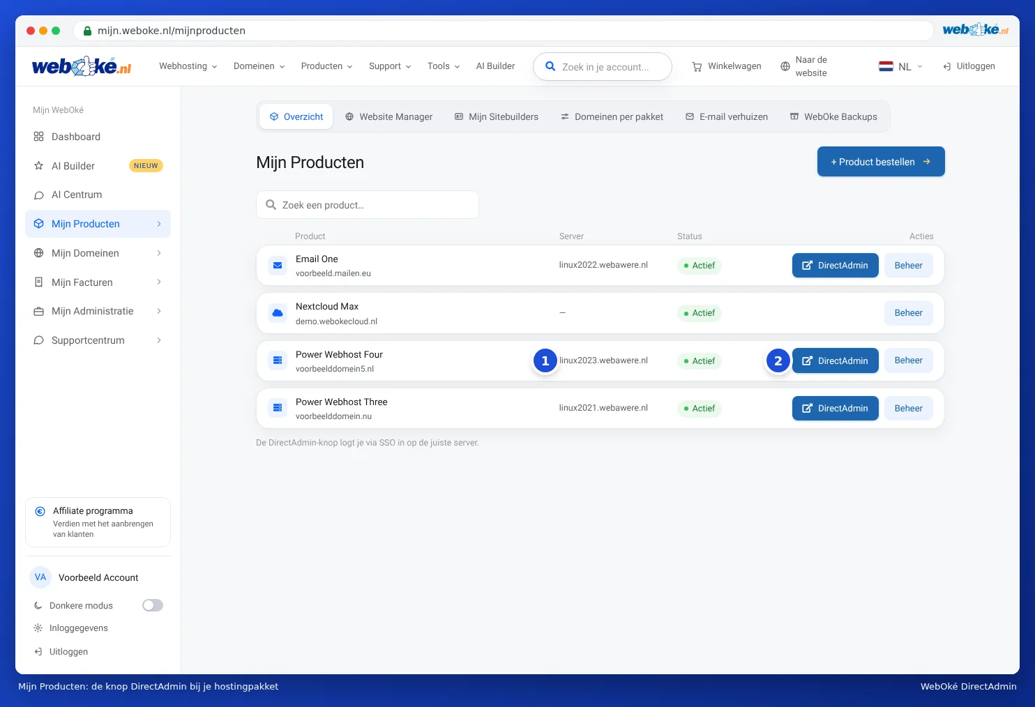 Meine Produkte mit dem Servernamen linux2023.webawere.nl und der Schaltfläche DirectAdmin beim Paket Power Webhost Four