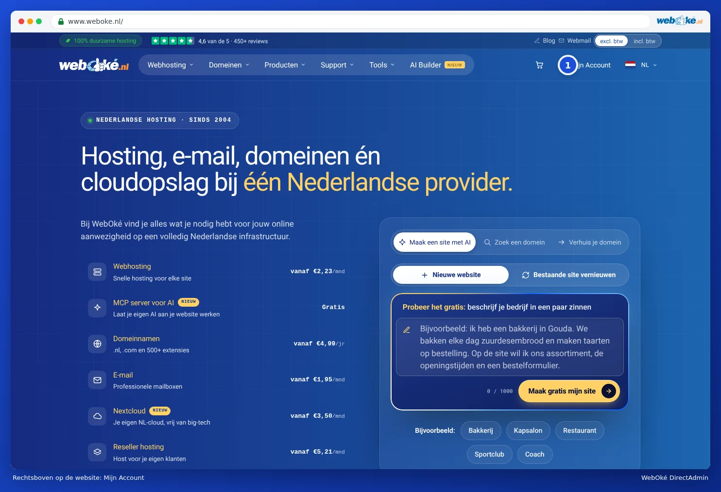 Die Website von WebOké mit dem Link Mein Konto oben rechts
