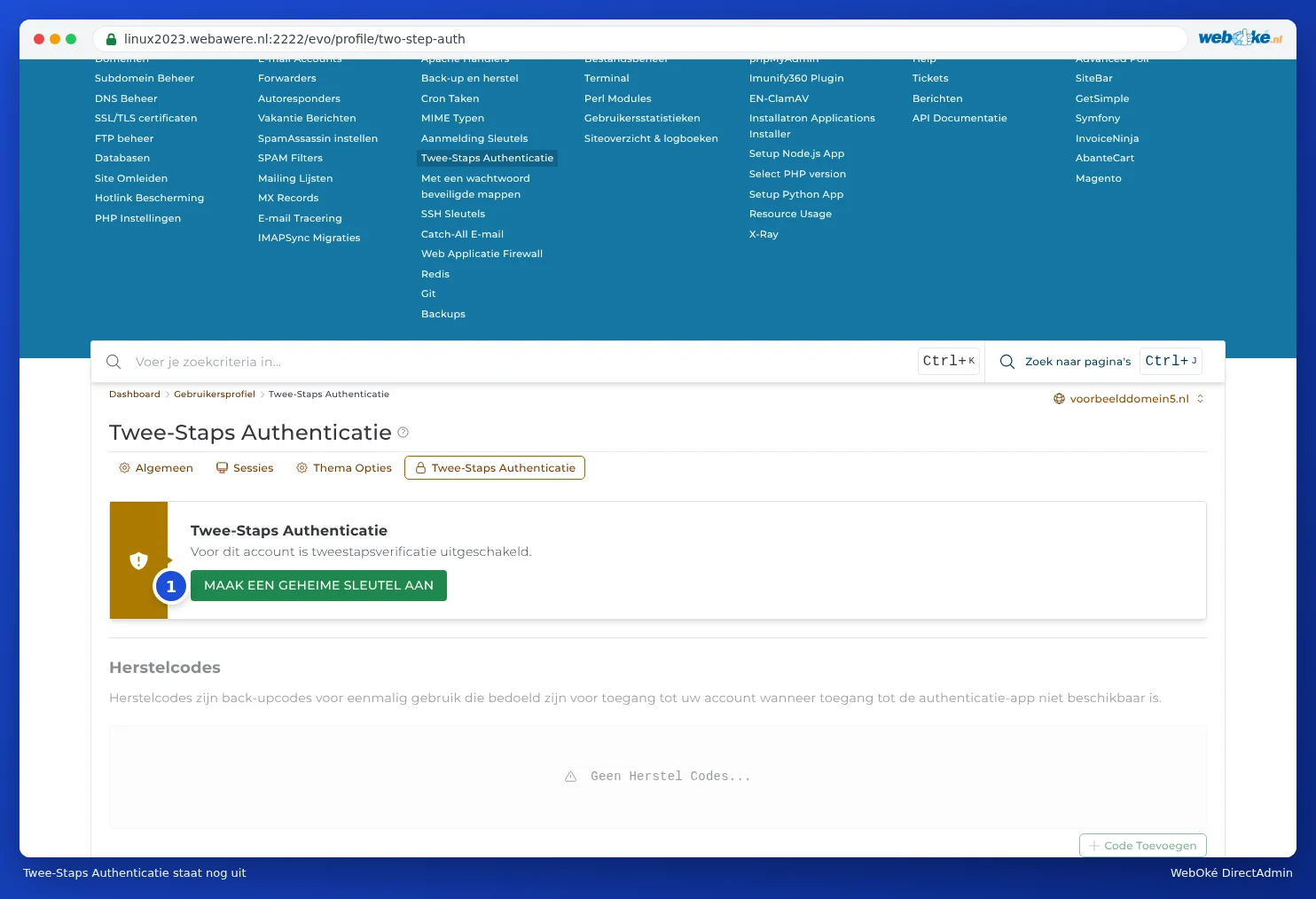 The Two-Step Authentication tab with the message that two-step authentication is disabled and the Generate Secret button