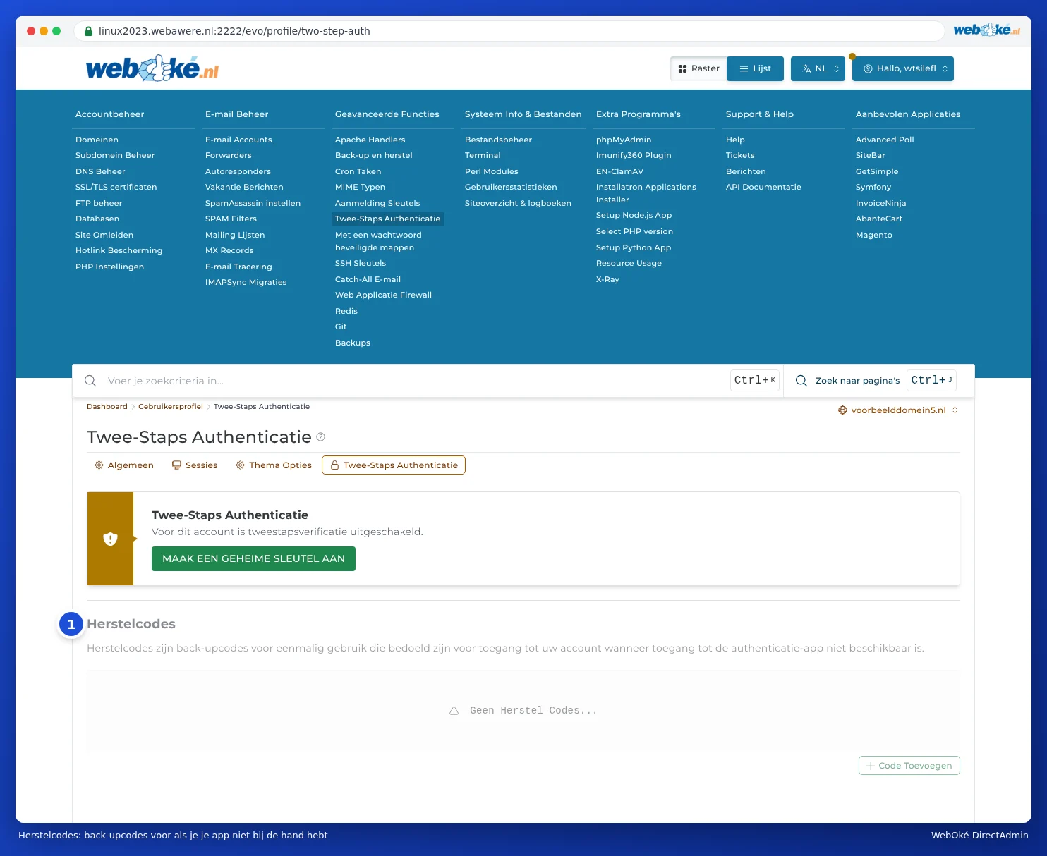 The Recovery Codes block under Two-Step Authentication with the message No Recovery Codes and the Add Codes button