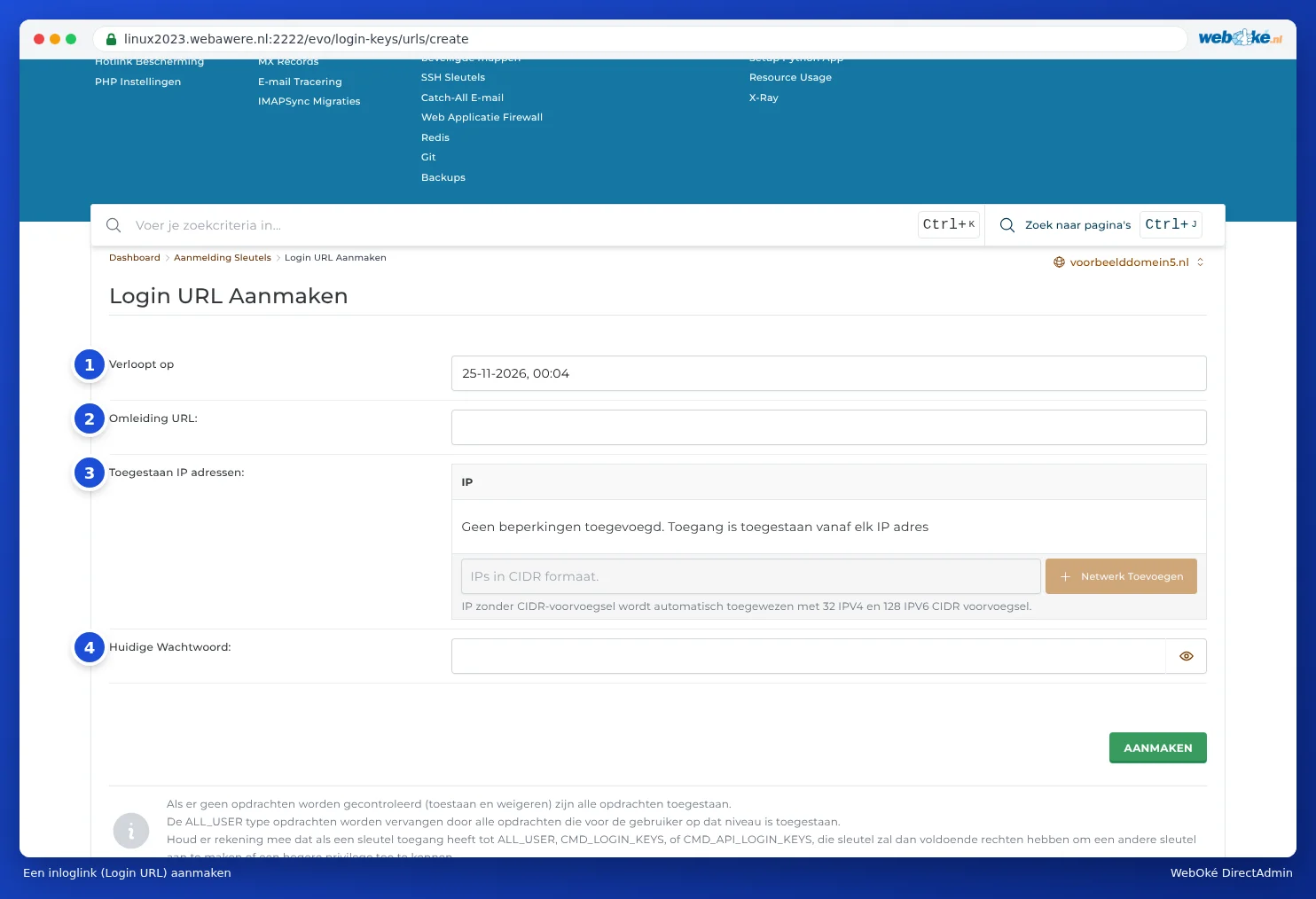 Het formulier Login URL Aanmaken met Verloopt op, Omleiding URL, Toegestaan IP adressen en Huidige Wachtwoord