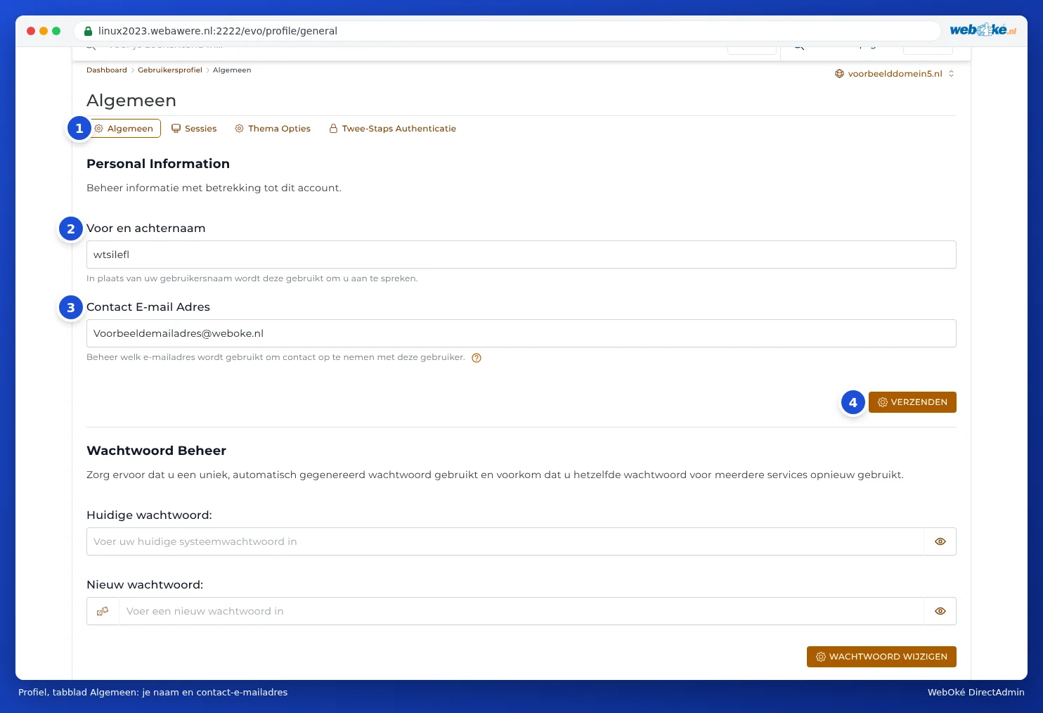 Het tabblad Algemeen van het gebruikersprofiel met de velden Voor en achternaam en Contact E-mail Adres en de knop Verzenden