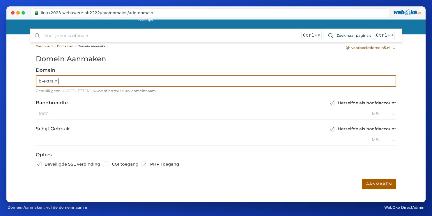 The Create Domain page with the Domain field and the Same as Main account tick boxes