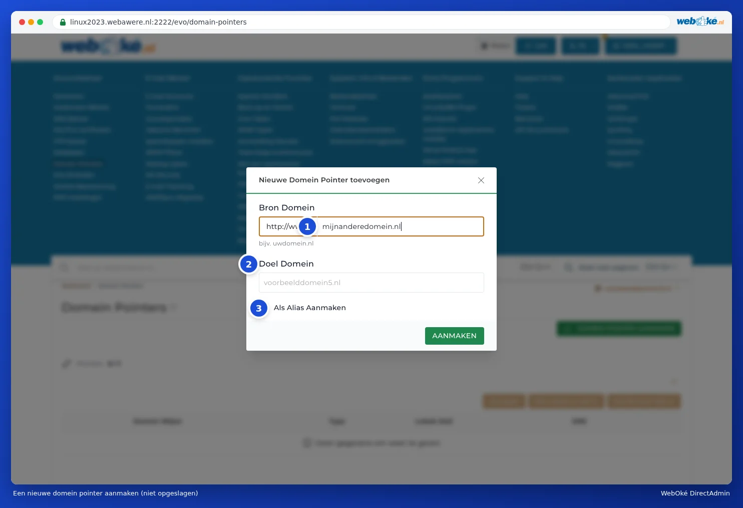 The Add New Domain Pointer window with the Source Domain and Target Domain fields, the Create as an Alias tick and the Create button