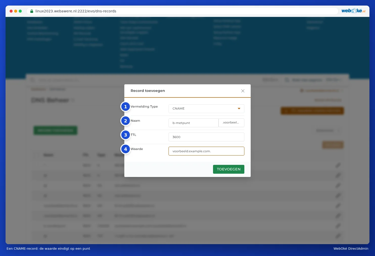 La fenêtre Ajouter un Enregistrement avec le type CNAME, le nom b-avecpoint et la valeur exemple.example.com. avec un point à la fin