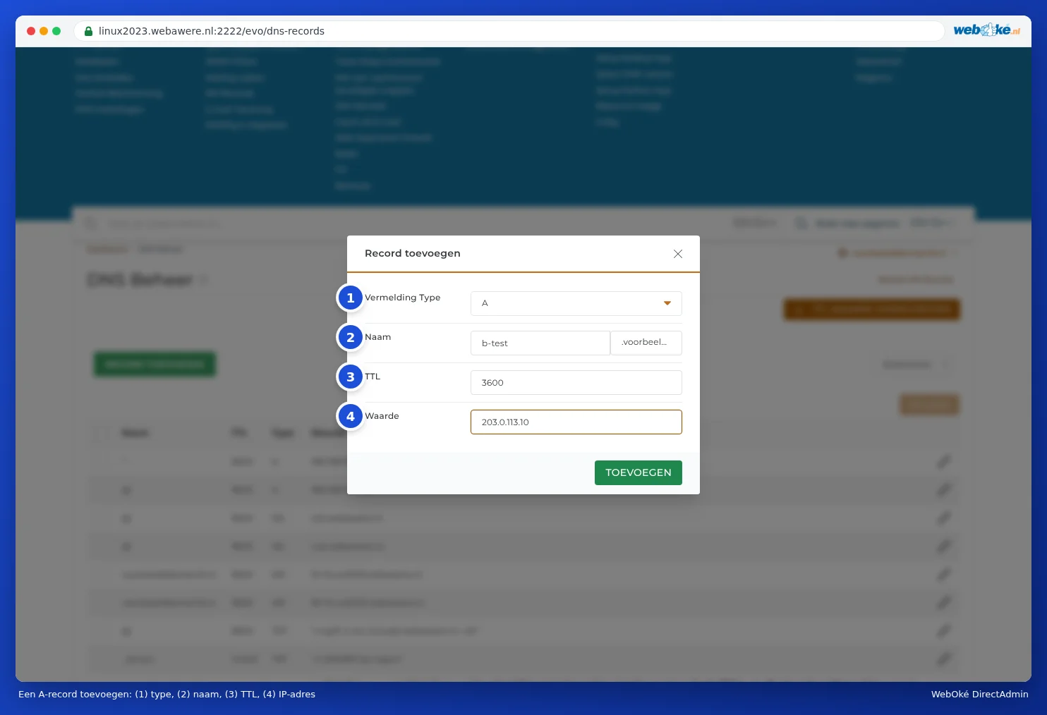 Het venster Record toevoegen met type A, de naam b-test, TTL 3600 en het IP-adres 203.0.113.10