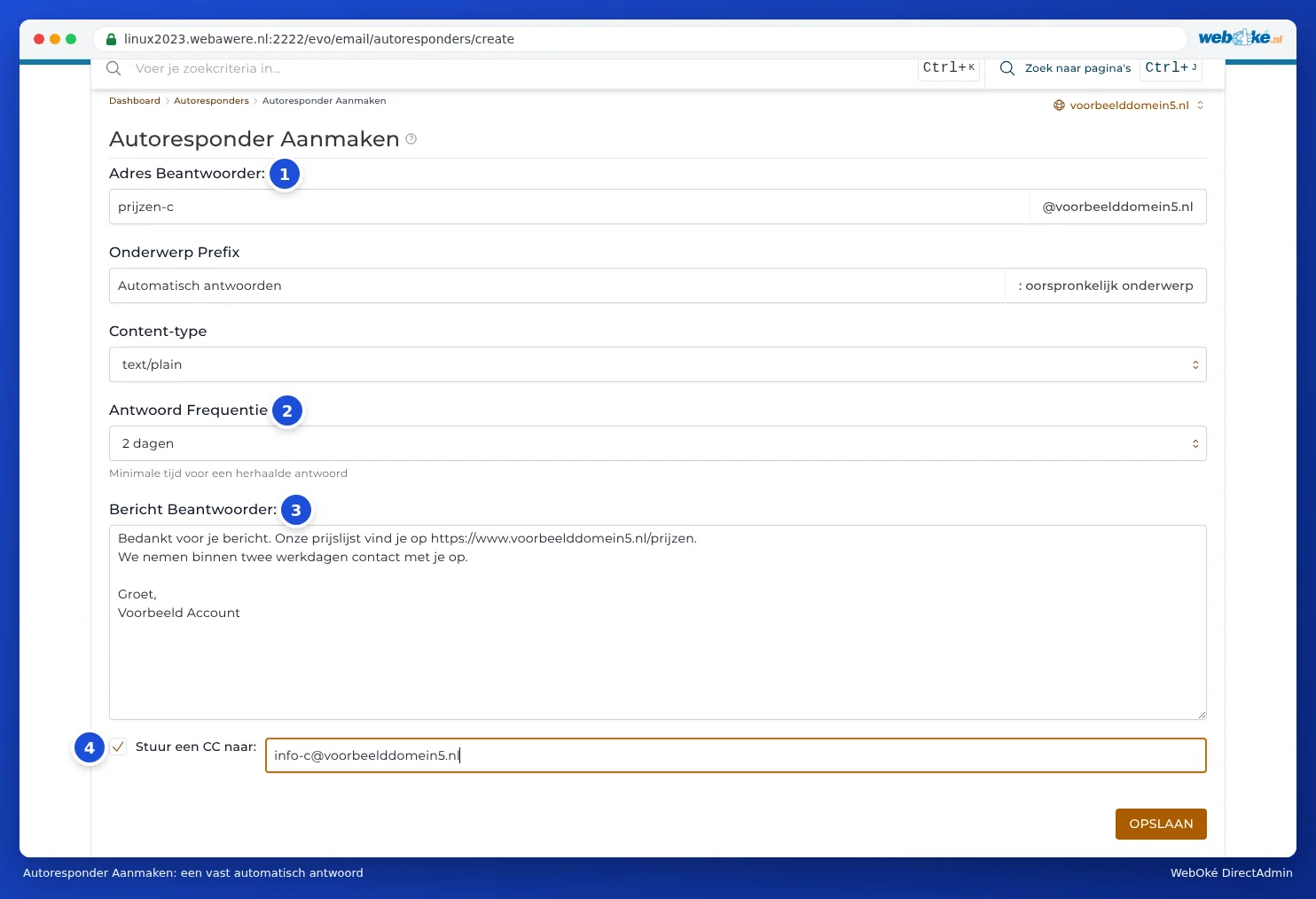 The Create Autoresponder screen with the address, subject prefix, reply frequency, message and CC address