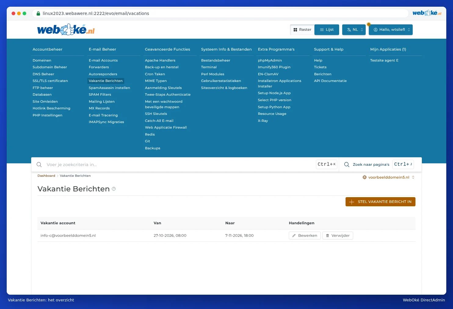 Het overzicht Vakantie Berichten met de mailbox en de periode