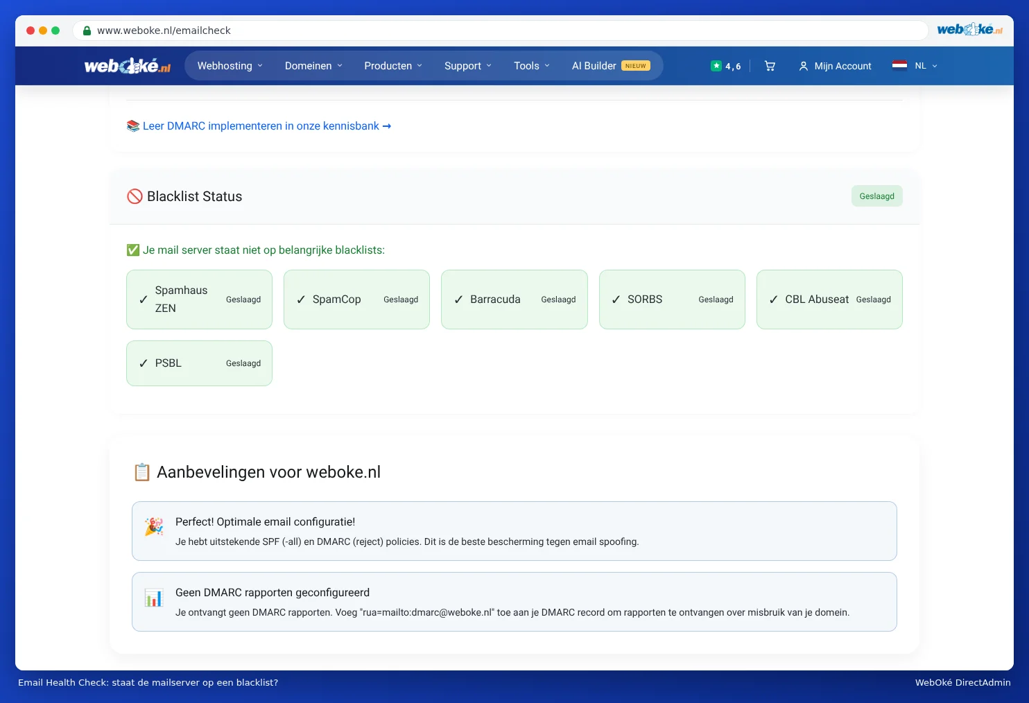 Het onderdeel blacklists van de Email Health Check met per lijst of de mailserver erop staat