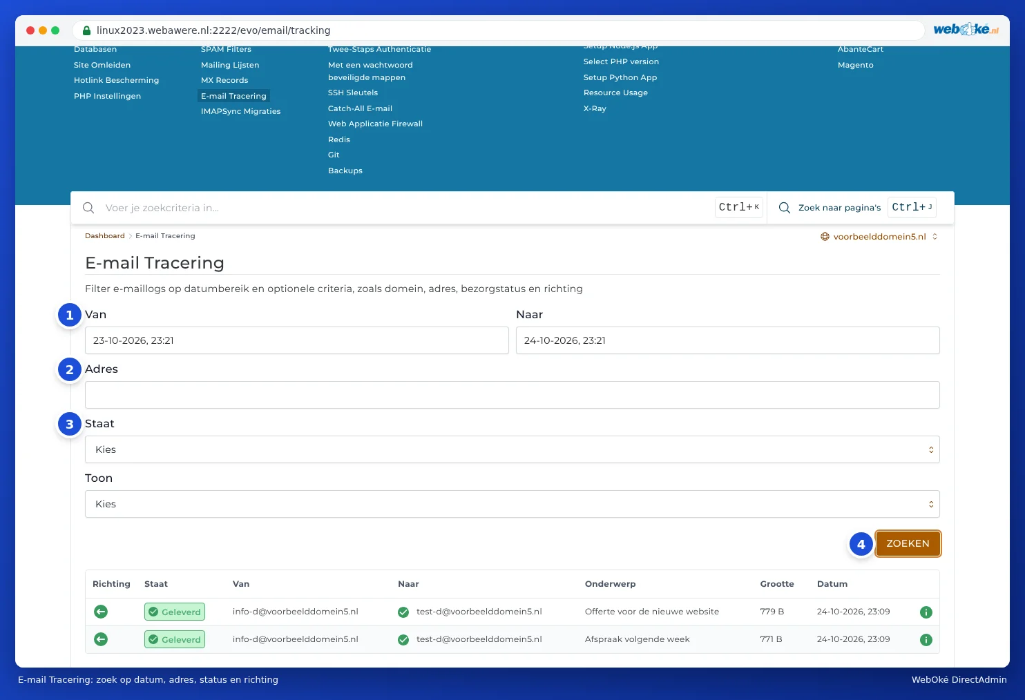 E-mail Tracking with the search fields From, To, Address, State and Show, and two delivered messages below