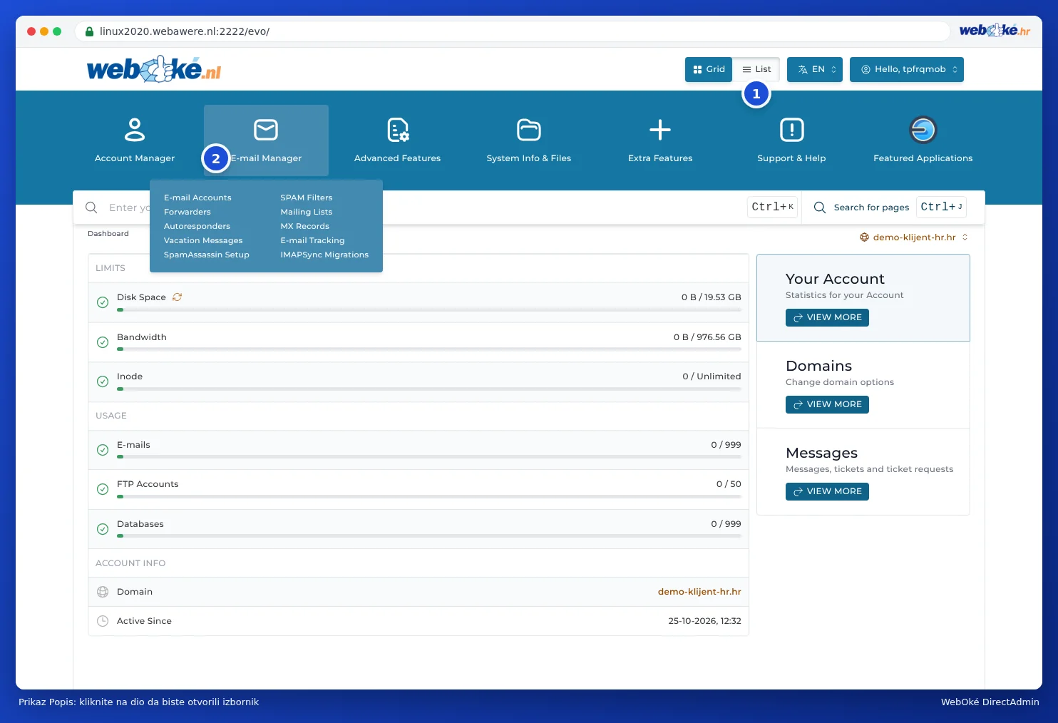 Izbornik u prikazu Popis: redak ikona, s otvorenim popisom E-mail Manager