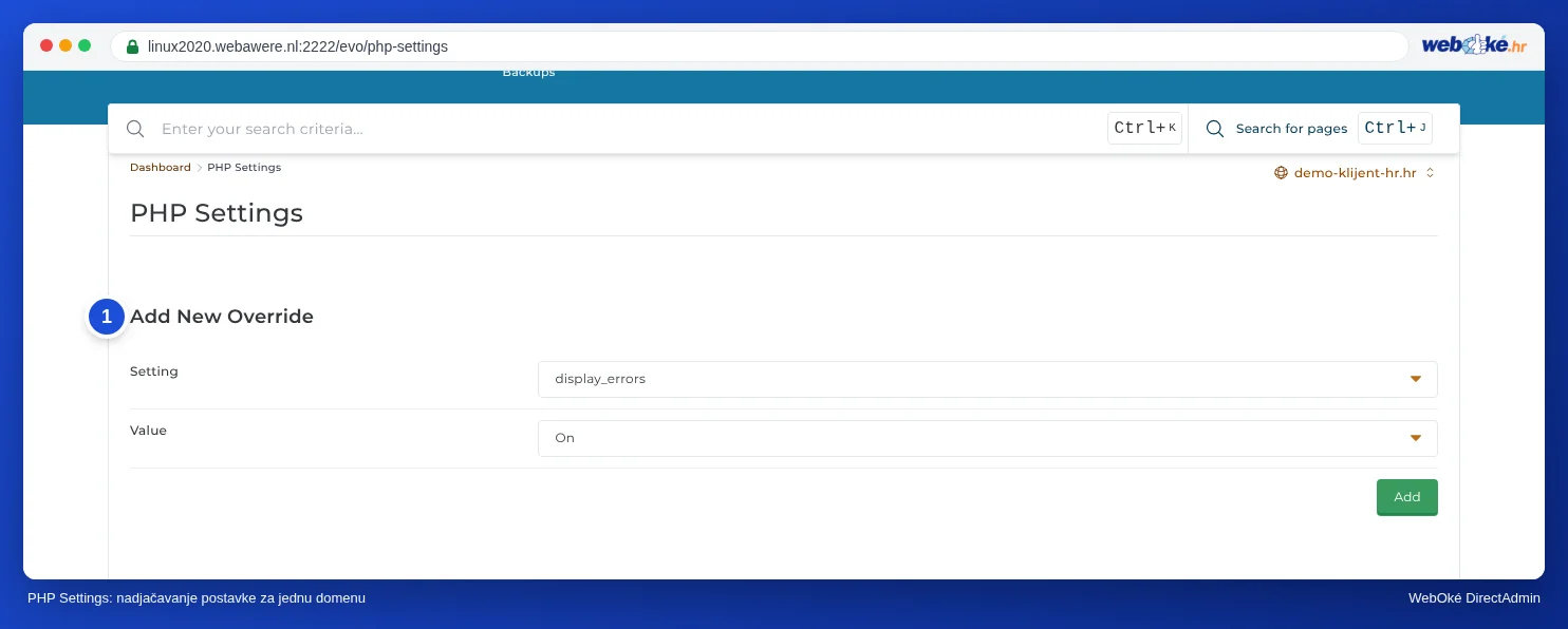 Dio PHP Instellingen za primjerdomena5.nl s blokom Add New Override, poljima Setting i Value te gumbom Add