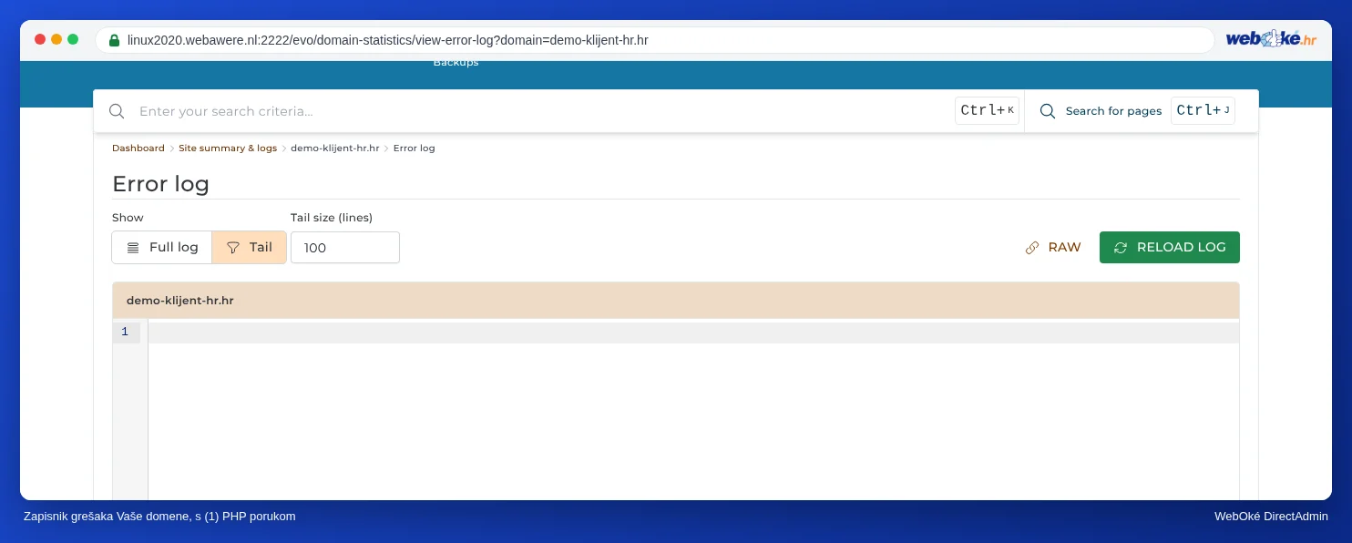 Error log domene primjerdomena5.nl s retkom PHP Warning pri dnu, s putanjom do datoteke i brojem retka